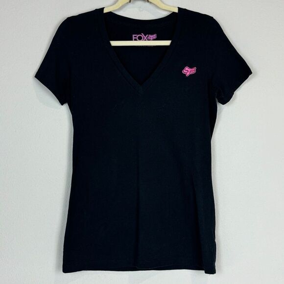 Fox Tops - Fox T-shirt Black V-Neck Pink Logo S